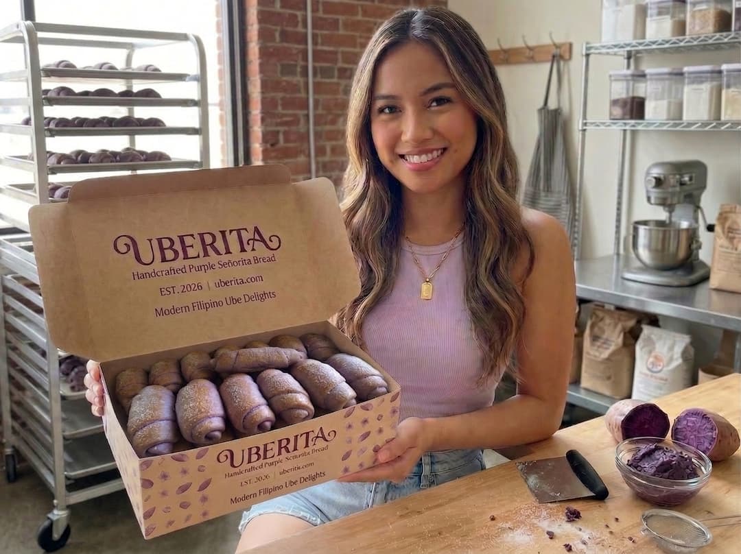 Young woman holding an open Uberita box filled with purple ube señorita bread rolls in a bakery