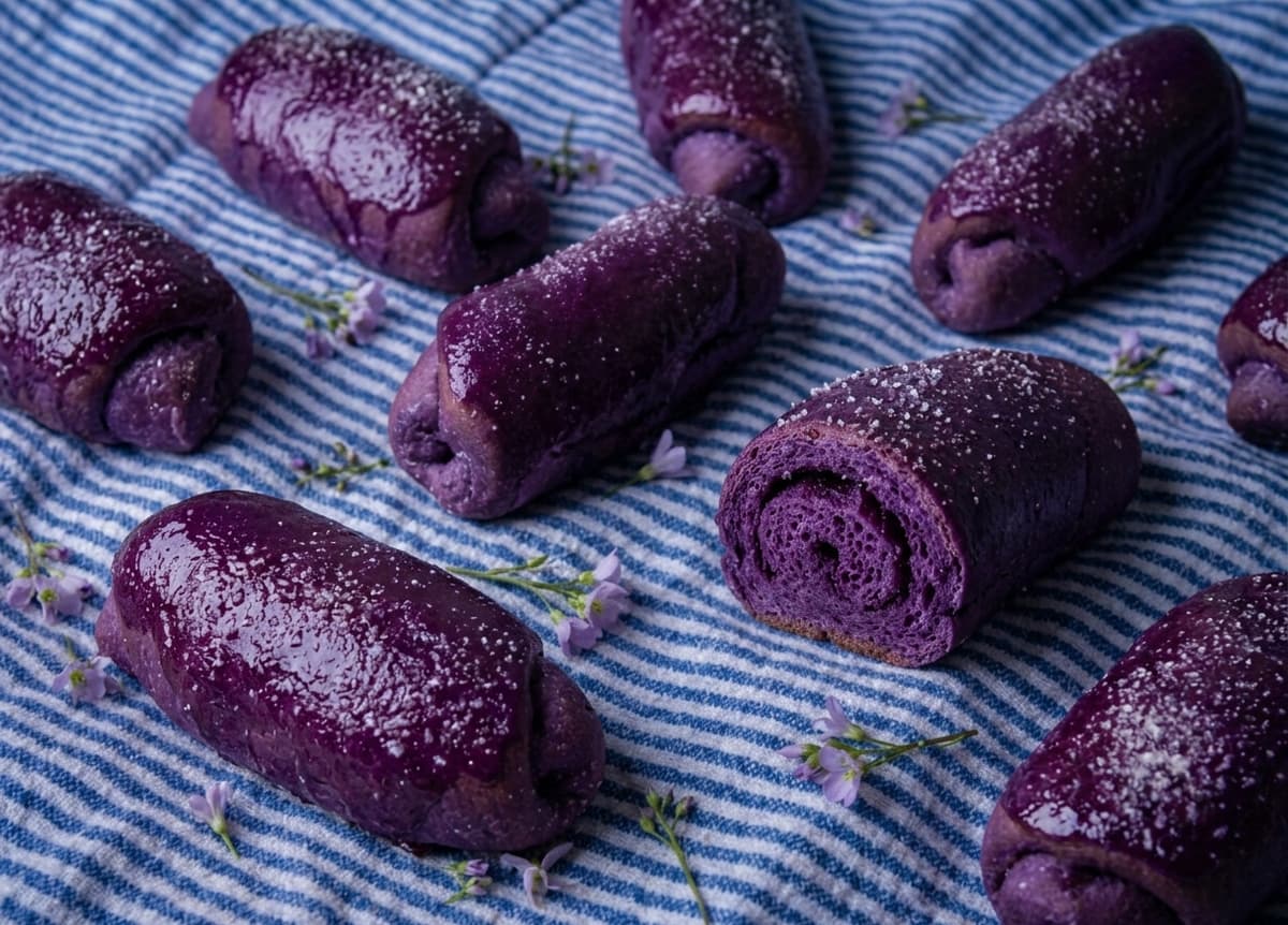 Multiple glossy deep purple ube señorita bread rolls scattered on a blue-and-white striped cloth with small lavender flowers, one roll cut open to show the fluffy spiral purple crumb inside